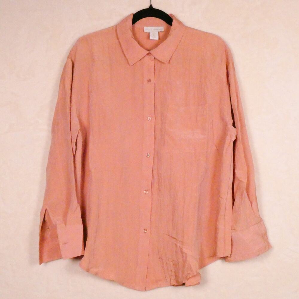 House of Harlow 1960 Peach Crinkle Shimmer Button Down Shirt Size S Oversize